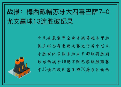 战报：梅西戴帽苏牙大四喜巴萨7-0 尤文赢球13连胜破纪录