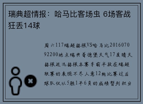 瑞典超情报：哈马比客场虫 6场客战狂丢14球